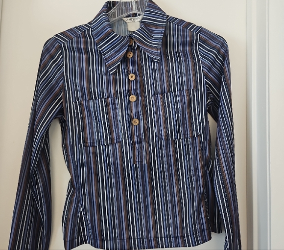 Diab Less Paris Brand .Chaps Blue Black Long Sleeve Notched Collar Crop Shirt - Picture 4 of 6